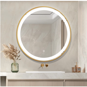 Gương Led Tròn Khung Nhôm Vàng