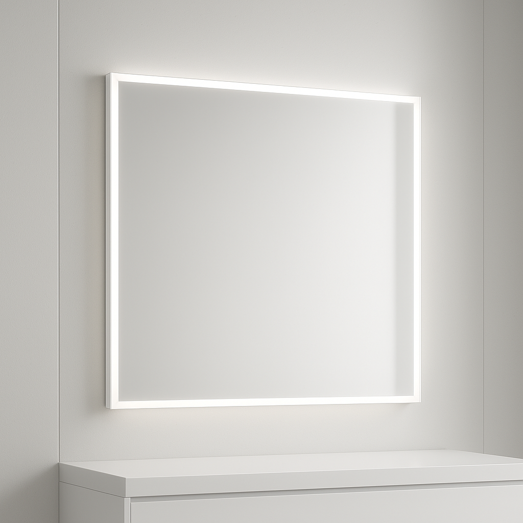 Wide panoramic bathroom mirror, hotel-level brightness, high-end sink design, glossy ceramic, 800x800