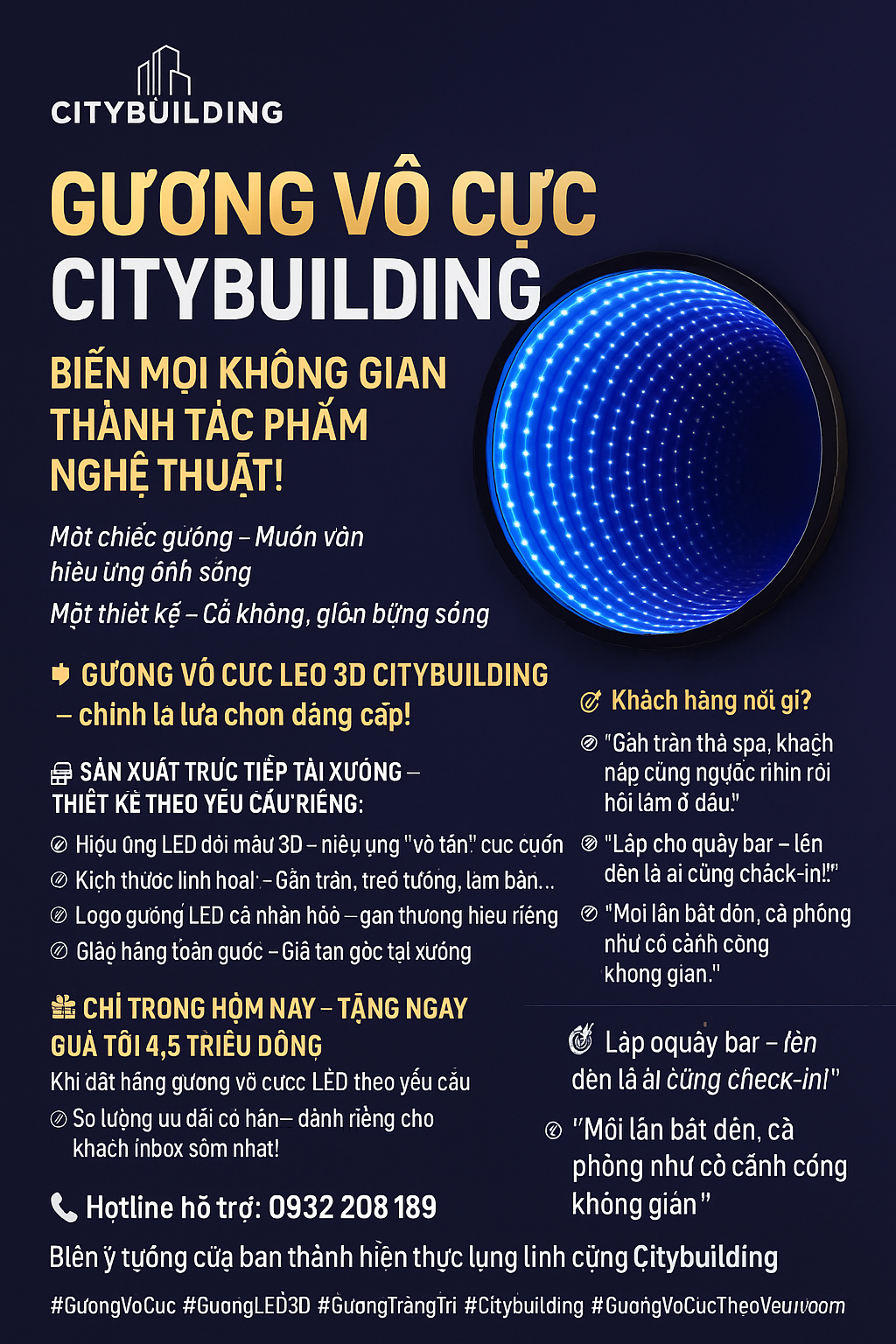 🎇 GƯƠNG VÔ CỰC LED – CHƠI LÀ PHẢI CHẤT!