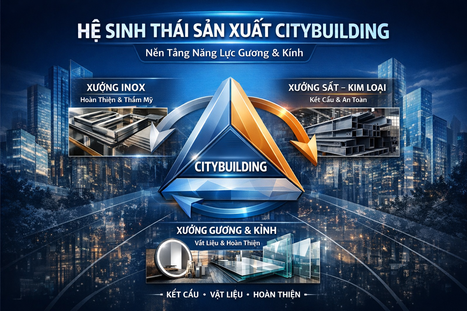 📍 Hệ sinh thái sản xuất Citybuilding được tổ chức theo mô hình 3 xưởng chuyên biệt, kiểm soát kết cấu, vật liệu và hoàn thiện nhằm đảm bảo chất lượng gương & kính ổn định, bền vững.