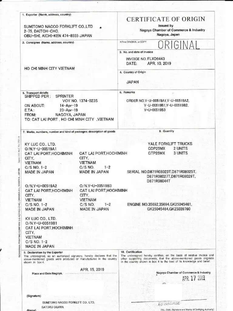 Hồ sơ giấy tờ nhập khẩu của xe nâng hàng