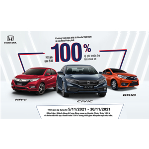 Hỗ trợ 100% lệ phí trước bạ cho khách hàng mua xe Honda Civic, Honda HR-V và Honda Brio trong tháng 11 năm 2021