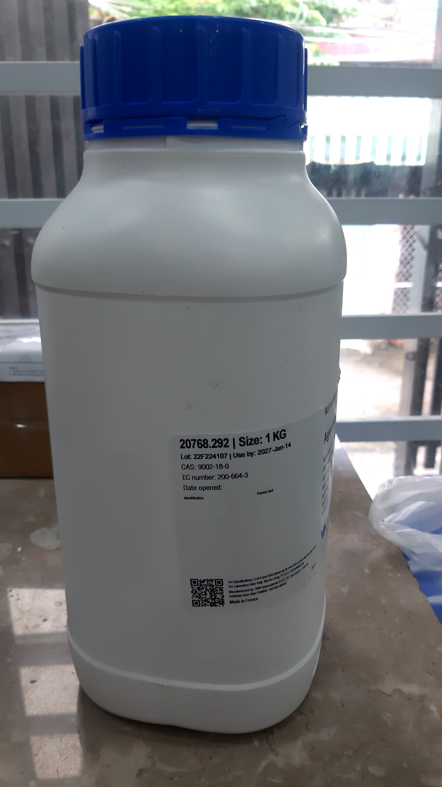 Hóa chất Bột Agar Powder- Môi trường vi sinh hãng VWR Prolabo Pháp 20768.292 (1kg/chai)