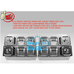 Hộp inox chữ nhật 6 ngăn giữ lạnh thạch topping trà sữa, trái cây tô