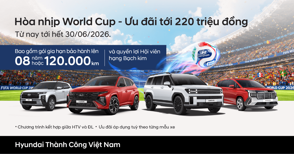 HYUNDAI THÀNH CÔNG TRIỂN KHAI CHƯƠNG TRÌNH “HOÀ NHỊP WORLDCUP - ƯU ĐÃI LÊN TỚI 220 TRIỆU ĐỒNG”