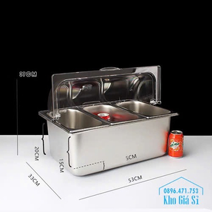 Khay inox 304 trưng bày thức ăn quán buffet 3 ngăn có nắp đậy trong suốt