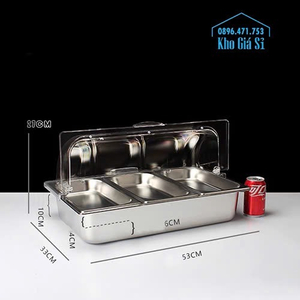 Khay inox 304 trưng bày thức ăn quán buffet 3 ngăn có nắp đậy trong suốt