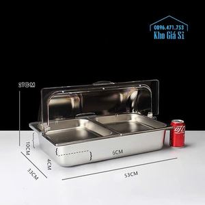 Khay inox 304 trưng bày thức ăn quán buffet 3 ngăn có nắp đậy trong suốt