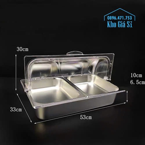 Khay inox 3 ngăn giữ lạnh thức ăn và rau củ có nắp mica trong suốt