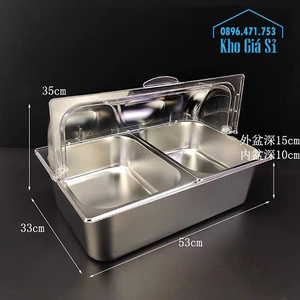 Khay inox trưng bày thực phẩm có giữ lạnh kèm nắp đậy mái vòm trong suốt