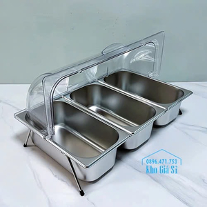 Khay inox 304 trưng bày thức ăn quán buffet 3 ngăn có nắp đậy trong suốt