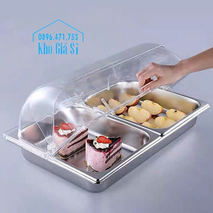 Khay inox trưng bày bánh kem, bánh ngọt các loại có nắp đậy ngăn côn trùng và bụi bẩm