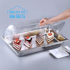 Khay inox trưng bày bánh kem, bánh ngọt các loại có nắp đậy ngăn côn trùng và bụi bẩm