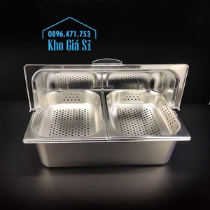 Khay inox 9 ngăn đựng topping có chân đế kèm nắp đậy trong suốt ngăn côn trùng