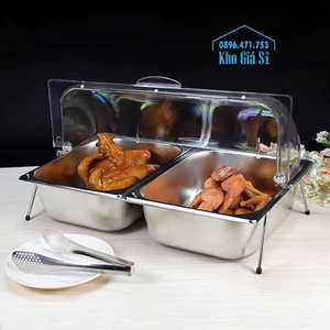 Khay inox 7 ngăn đựng topping có nắp đậy bằng mica trong suốt