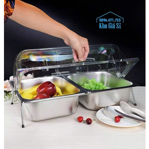 Khay inox 9 ngăn đựng topping có chân đế kèm nắp đậy trong suốt ngăn côn trùng