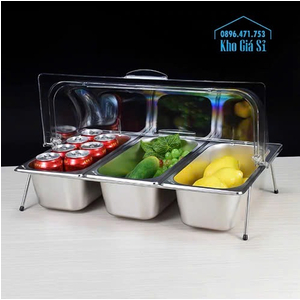 Khay inox 7 ngăn đựng topping có nắp đậy bằng mica trong suốt