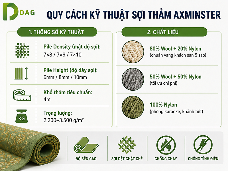 Infographic thông số kỹ thuật sợi thảm axminster Hà Nội – mật độ sợi pile density và độ dày pile height.