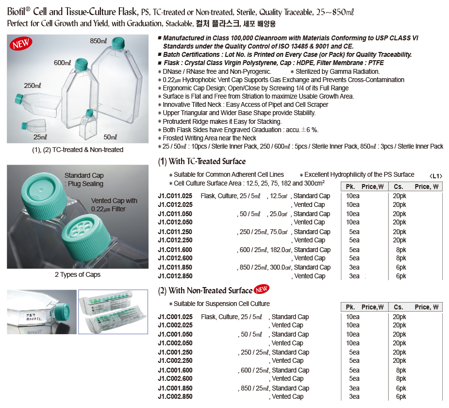 J1.C011.050 Bình nuôi cấy mô, tế bào tiệt trùng BIofil