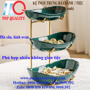 Kệ inox trưng bày bánh tiệc thân inox, đĩa sứ xanh