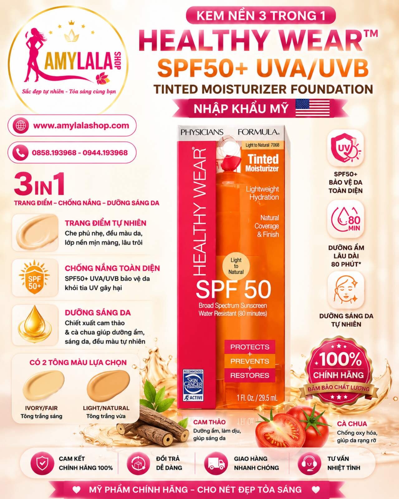 Kem nền 3trong1 Healthy Wear™ SPF50+ UVA/UVB Tinted Moisturizer Foundation - 0858193968 - 0944193968 - amylalashop.com -
