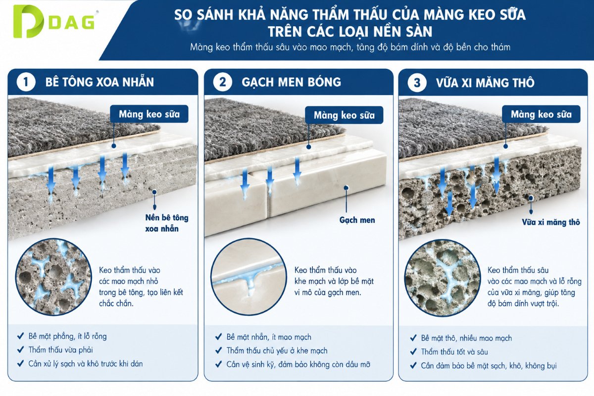 Keo dán thảm tấm Hồ Chí Minh bảng đối chiếu mức tiêu hao keo trên 3 loại bề mặt sàn