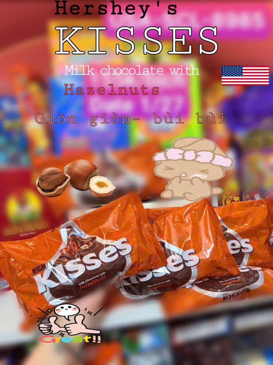 Kẹo socola Hershey`s kisses hazel nut (mỹ)