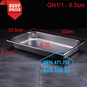 Khay inox 1/1 chiều cao 6.5cm đựng rau củ, salad, thức ăn tiệc buffet