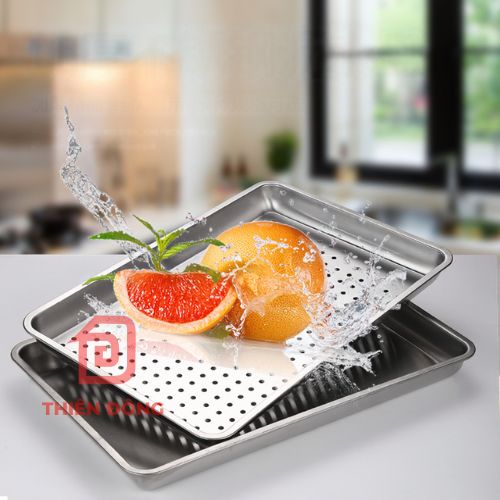 Khay Inox 304 Đục Lỗ 60x40cm Cao Cấp – Khay Hấp & Ráo Dầu