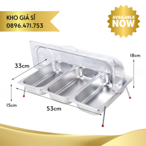 Khay inox 304 trưng bày thức ăn quán buffet 3 ngăn có nắp đậy trong suốt