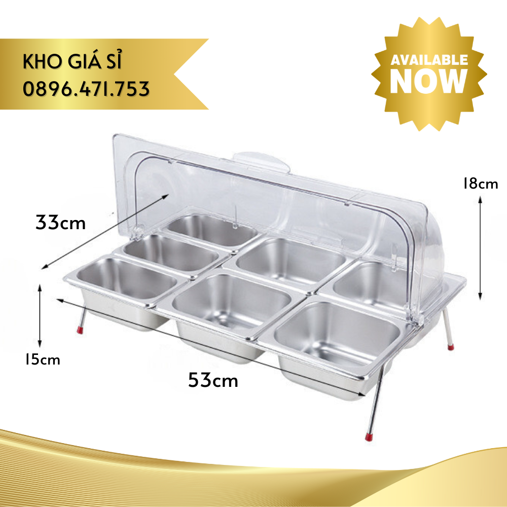 Khay inox 7 ngăn đựng topping có nắp đậy bằng mica trong suốt