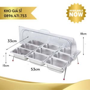 Khay inox 9 ngăn đựng topping có chân đế kèm nắp đậy trong suốt ngăn côn trùng