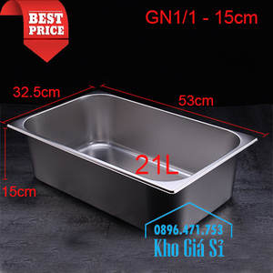Khay inox chữ nhật 1/1 chiều cao 15cm đựng thực phẩm, trái cây tươi