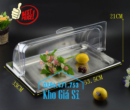Khay inox chữ nhật cao 2cm có nắp đậy bằng nhựa trang trí sushi, sashimi