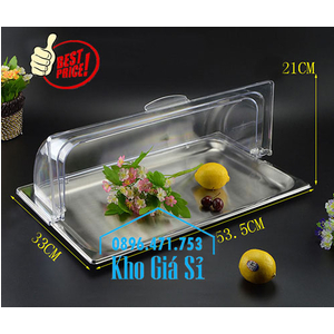 Khay inox chữ nhật cao 2cm có nắp đậy bằng nhựa trang trí sushi, sashimi