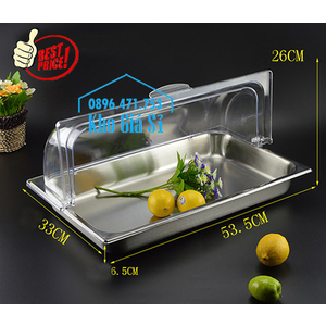 Khay inox chữ nhật cao 6.5cm có nắp đậy bằng nhựa trong suốt chống côn trùng