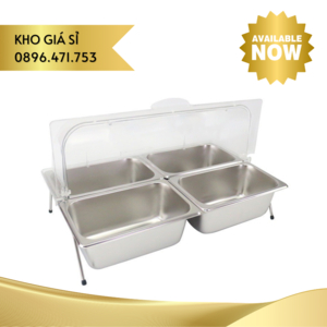 Khay inox đựng topping 4 ngăn có khung đỡ kèm nắp mica cao cấp