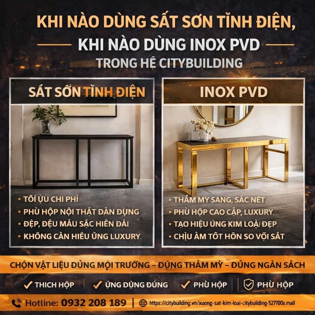KHI NÀO DÙNG SẮT SƠN TĨNH ĐIỆN, KHI NÀO DÙNG INOX PVD TRONG HỆ CITYBUILDING