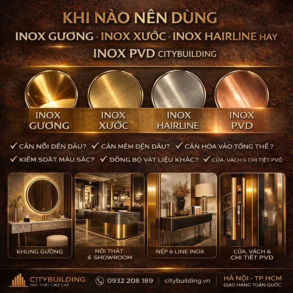 KHI NÀO NÊN DÙNG INOX GƯƠNG INOX XƯỚC INOX HAIRLINE HAY INOX PVD CITYBUILDING