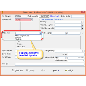 Khoản mục thu chi trong phần mềm bán hàng VNUNI