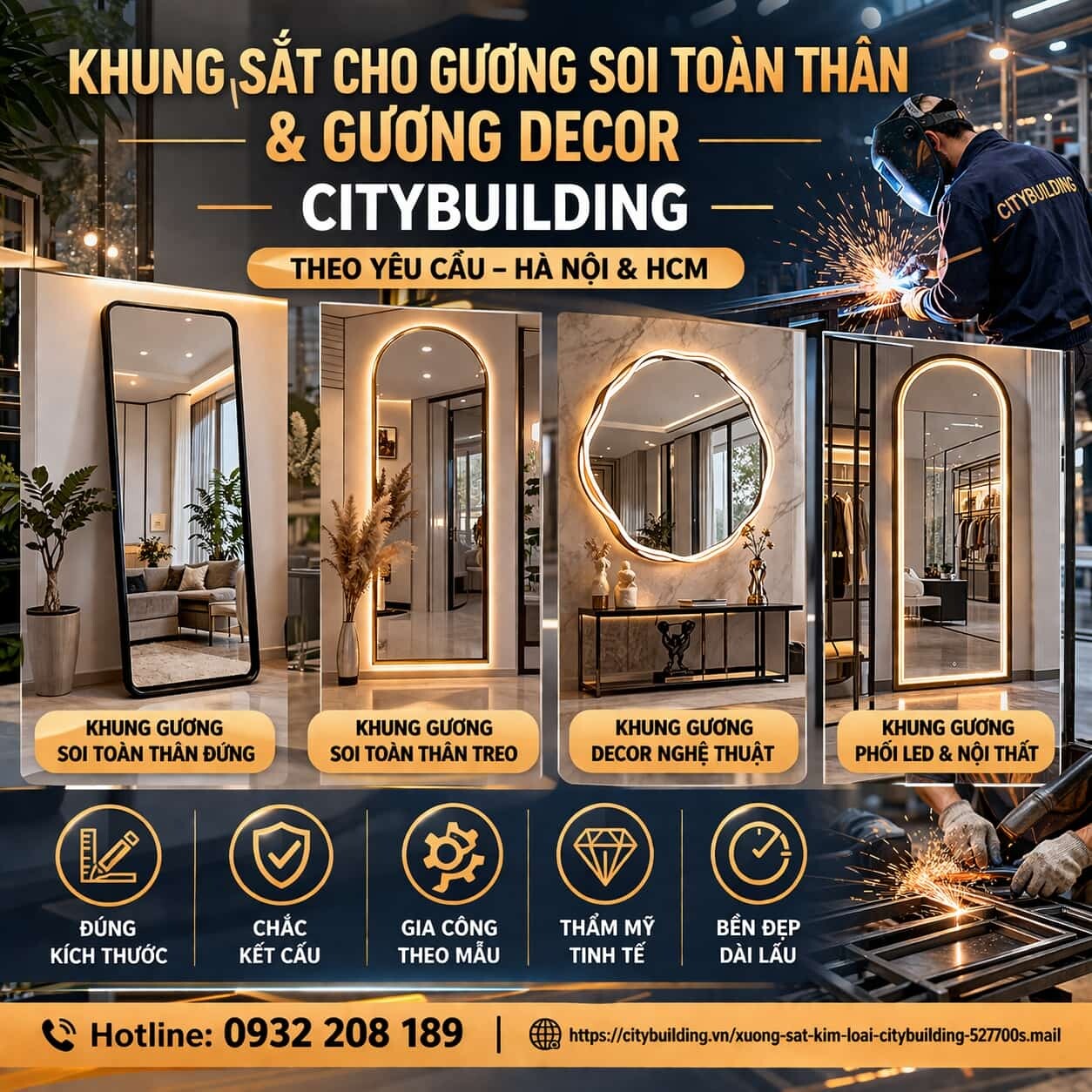 KHUNG SẮT CHO GƯƠNG SOI TOÀN THÂN VÀ GƯƠNG DECOR CITYBUILDING