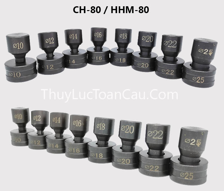 chày cối mũi của khuôn máy đột lỗ CH-80, HHM-80 với các size 10, 12, 14, 16, 18, 20, 22, 24, 25, 26mm