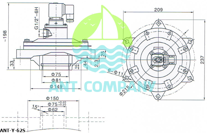 Kích thước của van giũ bụi ANT-Y-62S