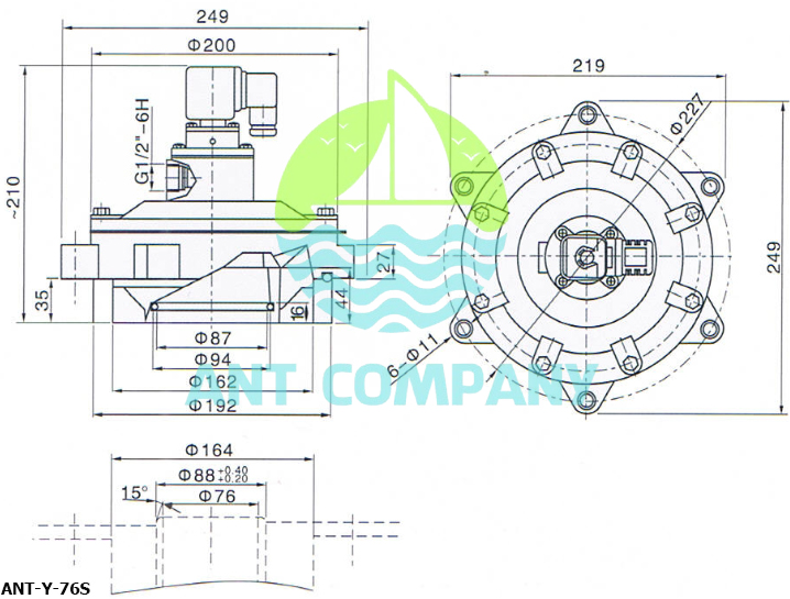 Kích thước của van giũ bụi ANT-Y-76S