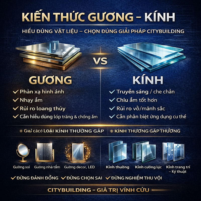  Kiến thức gương – kính Citybuilding cung cấp nền tảng hiểu đúng về gương, kính, cấu tạo, an toàn và ứng dụng thực tế. Nội dung được đúc kết từ sản xuất – thi công, giúp người dùng và chủ đầu tư chọn đúng vật liệu, đúng giải pháp, đúng tiêu chuẩn.