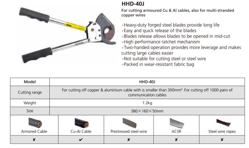 Kìm cắt cáp Tlp HHD-40J - Thông số chi tiết