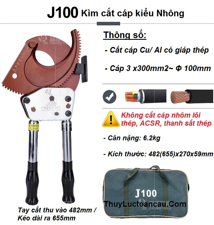 Kìm cắt cáp nhông J100 cắt cáp Cu/ Al armored cable D= Φ 100m ~3 x 300mm2 