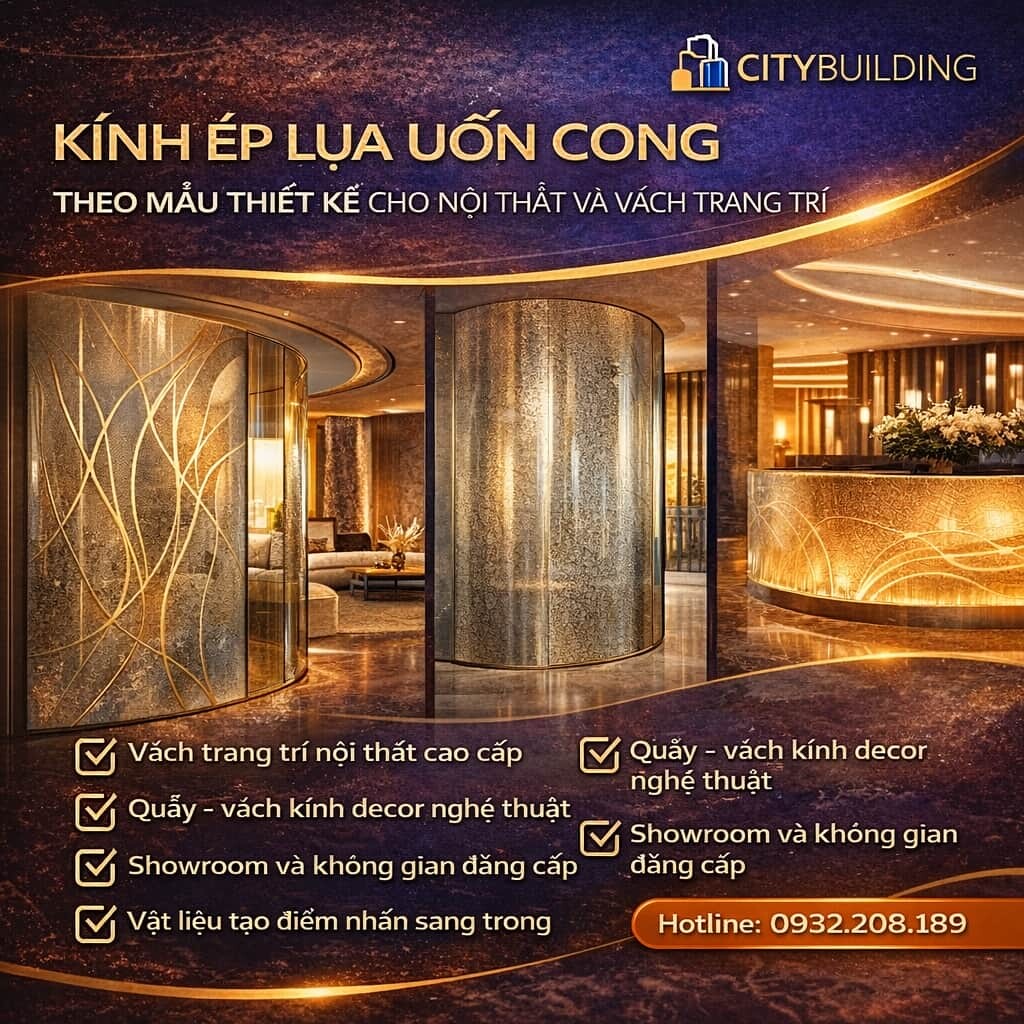 KÍNH ÉP LỤA UỐN CONG THEO MẪU THIẾT KẾ CHO NỘI THẤT VÀ VÁCH TRANG TRÍ CITYBUILDING