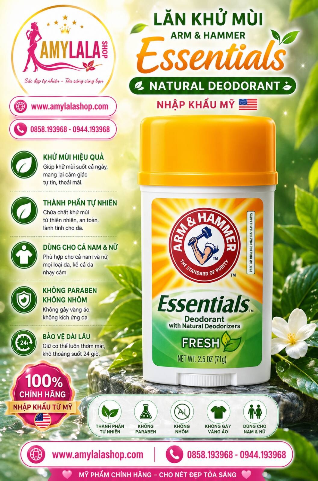 Lăn khử mùi Arm Hammer Essentials Natural Deodorant nhập khẩu Mỹ - 0858193968 - 0944193968 - amylalashop.com -