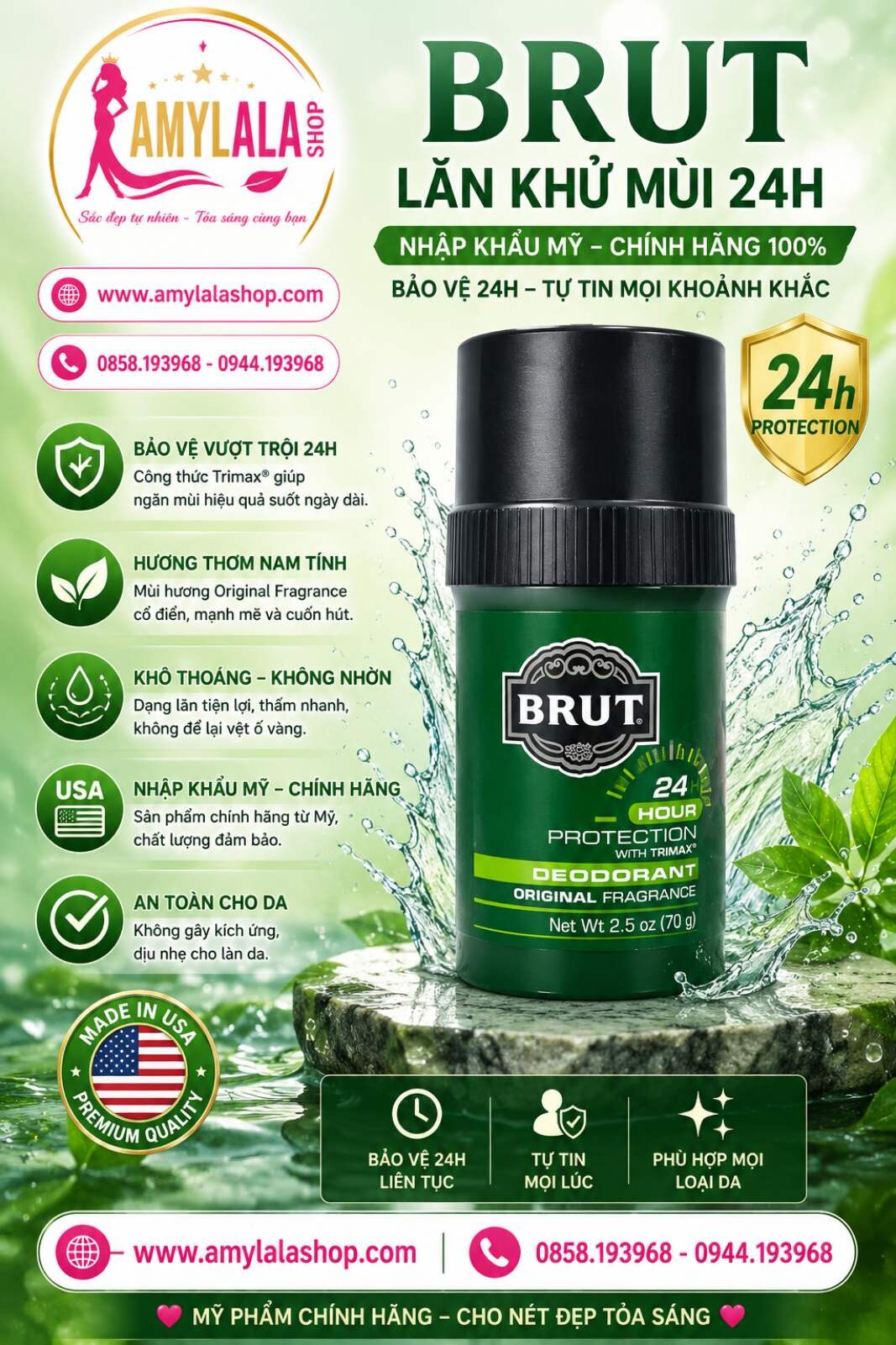 Lăn khử mùi Brut 24 Hour Protection with Trimax® tròn xanh nhập khẩu Mỹ - 0858193968 - 0944193968 - amylalashop.com -